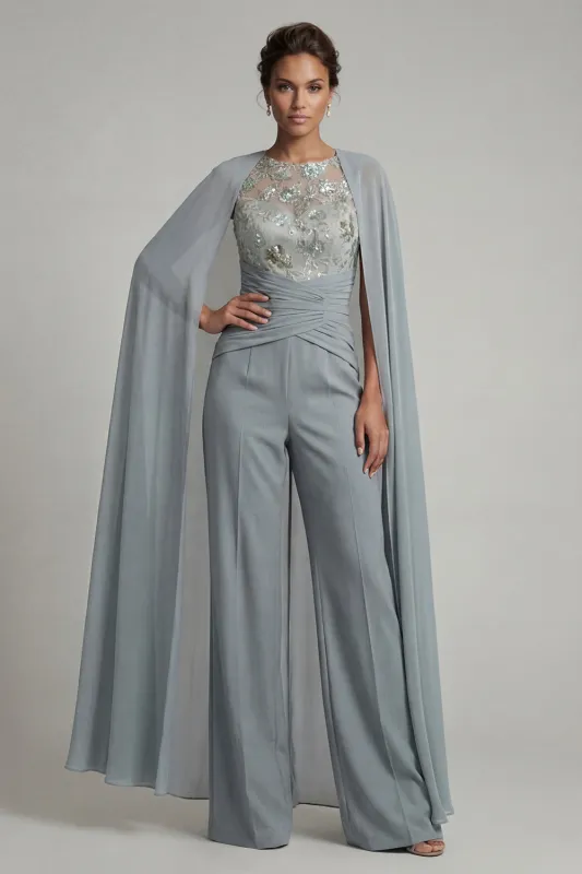 Grey Blue Appliqued Round Neck Motherof the Bride Jumpsuit with Cape made by Zapaka