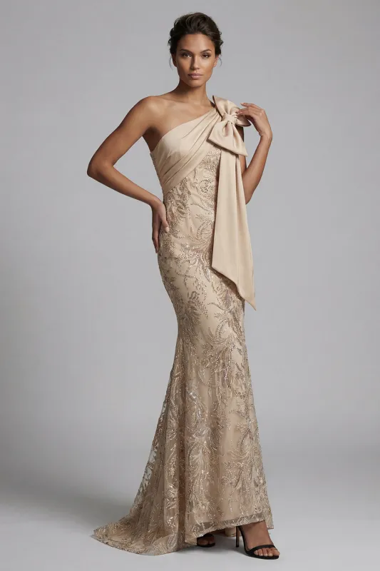 Champagne Mermaid One Shoulder Appliqued Mother of the Bride Dress made by Zapaka