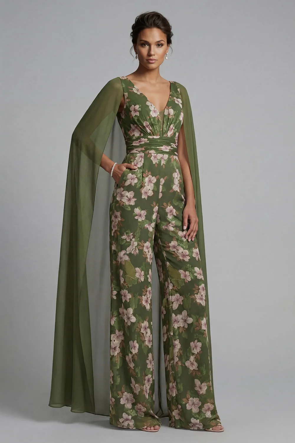 Eucalyptus V Neck Floral Mother of the Bride Jumpsuit with Cape sold by Zapaka