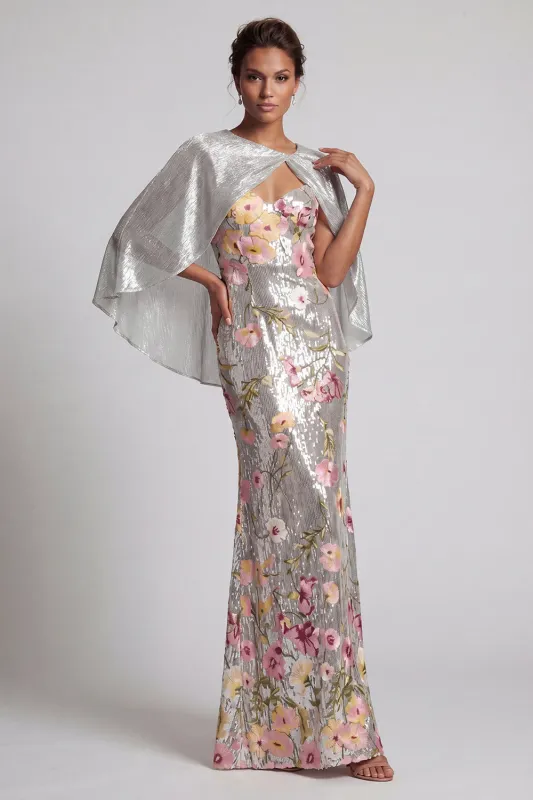 Sparkly Floral Silver Sequin Mermaid Long Mother Of the Bride Dress with Cape made by Zapaka