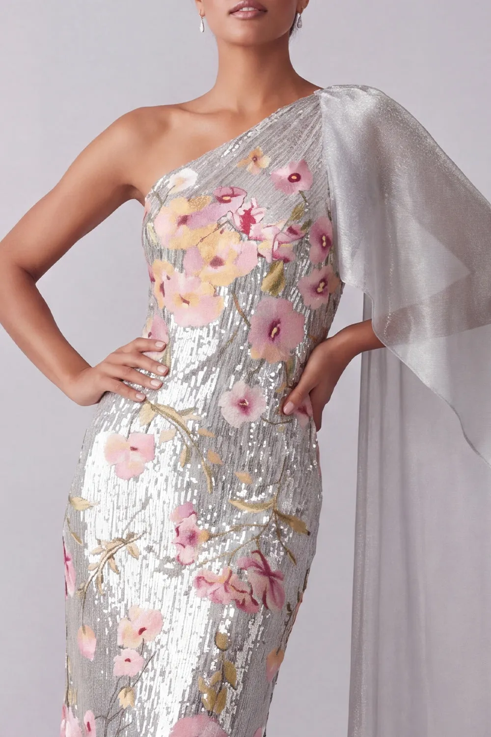 Sparkly Silver Floral Sequin One Shoulder Long Mother Of the Bride Dress with Side Cape sold by Zapaka product image thumbnail 4