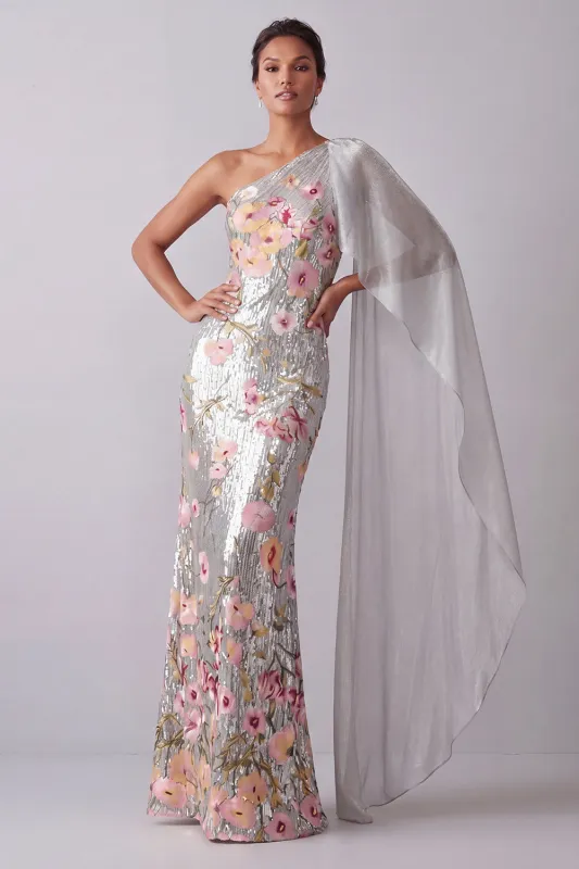 Sparkly Silver Floral Sequin One Shoulder Long Mother Of the Bride Dress with Side Cape made by Zapaka