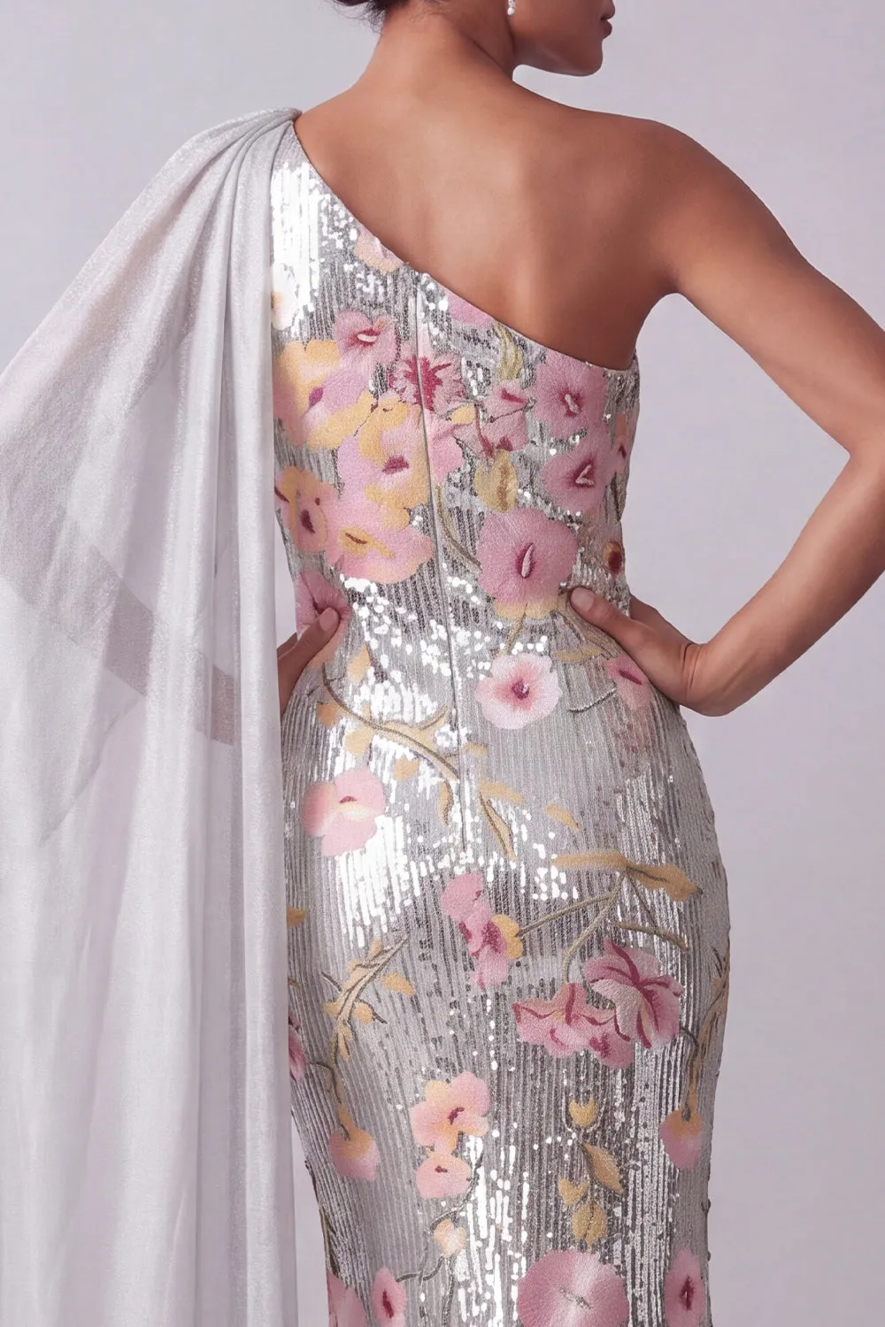 Sparkly Silver Floral Sequin One Shoulder Long Mother Of the Bride Dress with Side Cape sold by Zapaka product image thumbnail 5