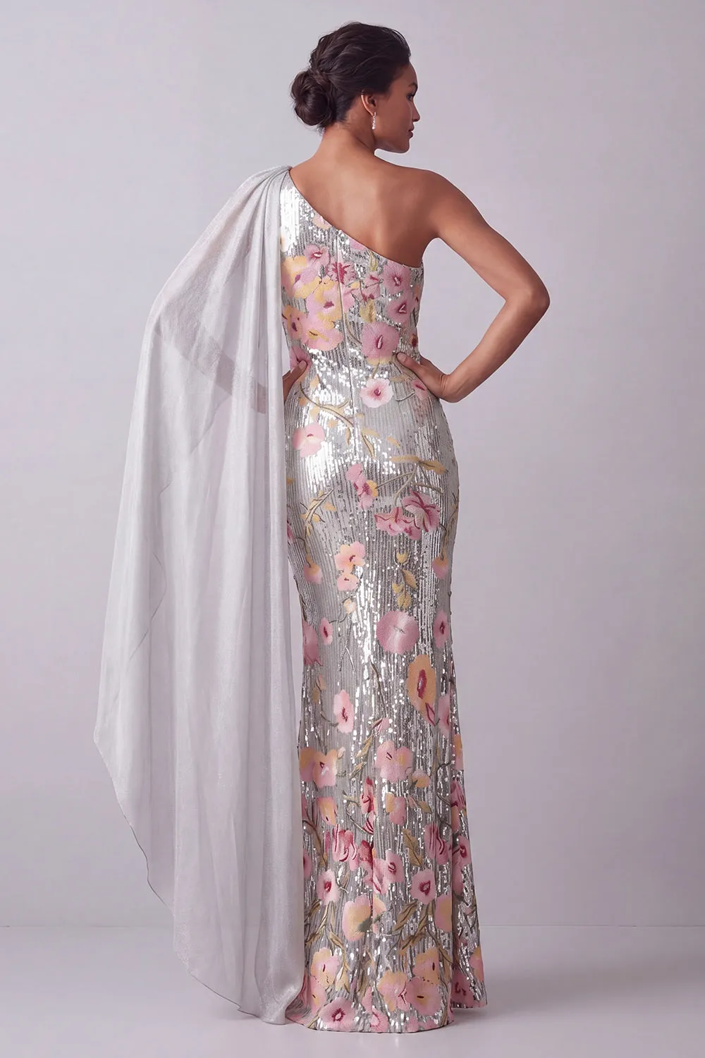 Sparkly Silver Floral Sequin One Shoulder Long Mother Of the Bride Dress with Side Cape sold by Zapaka product image thumbnail 2