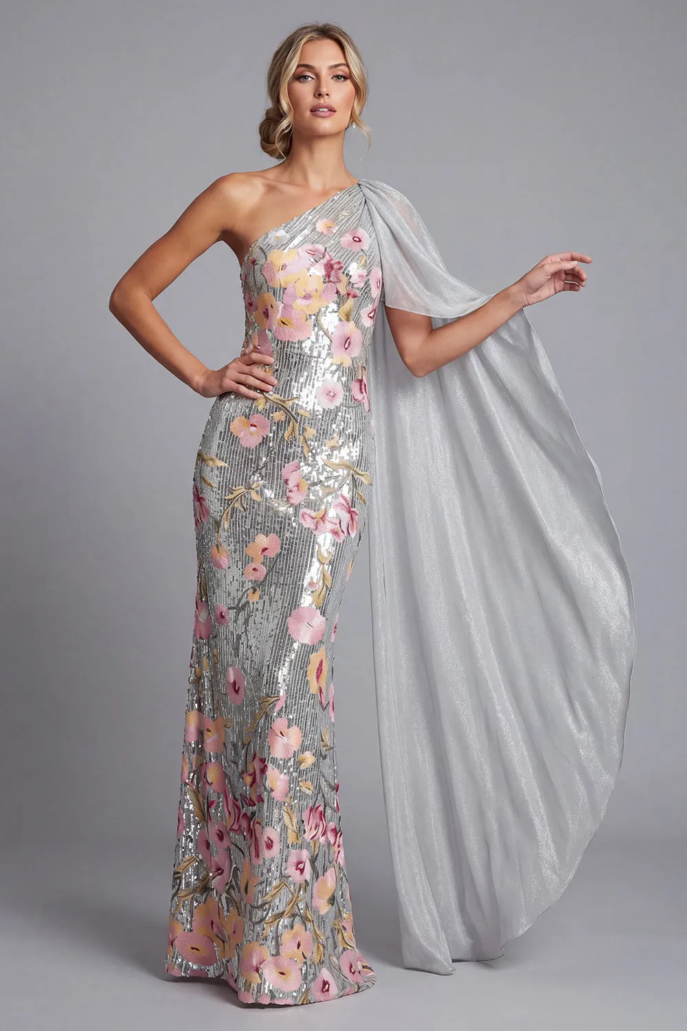 Sparkly Silver Floral Sequin One Shoulder Long Mother Of the Bride Dress with Side Cape sold by Zapaka product image thumbnail 3