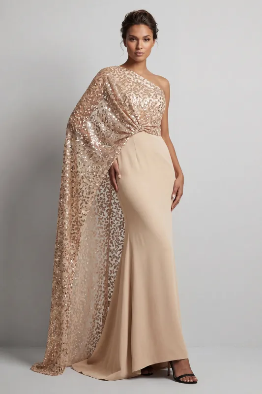 Sparkly Champagne Sequin One Shoulder Long Mother Of the Bride Dress with Side Cape made by Zapaka