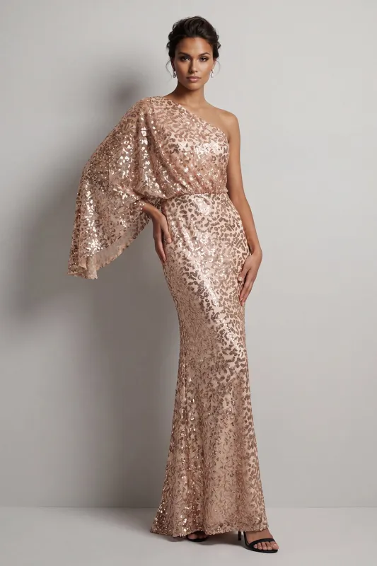 Sparkly Champagne Sequin One Shoulder Long Mother Of the Bride Dress with Sleeves made by Zapaka