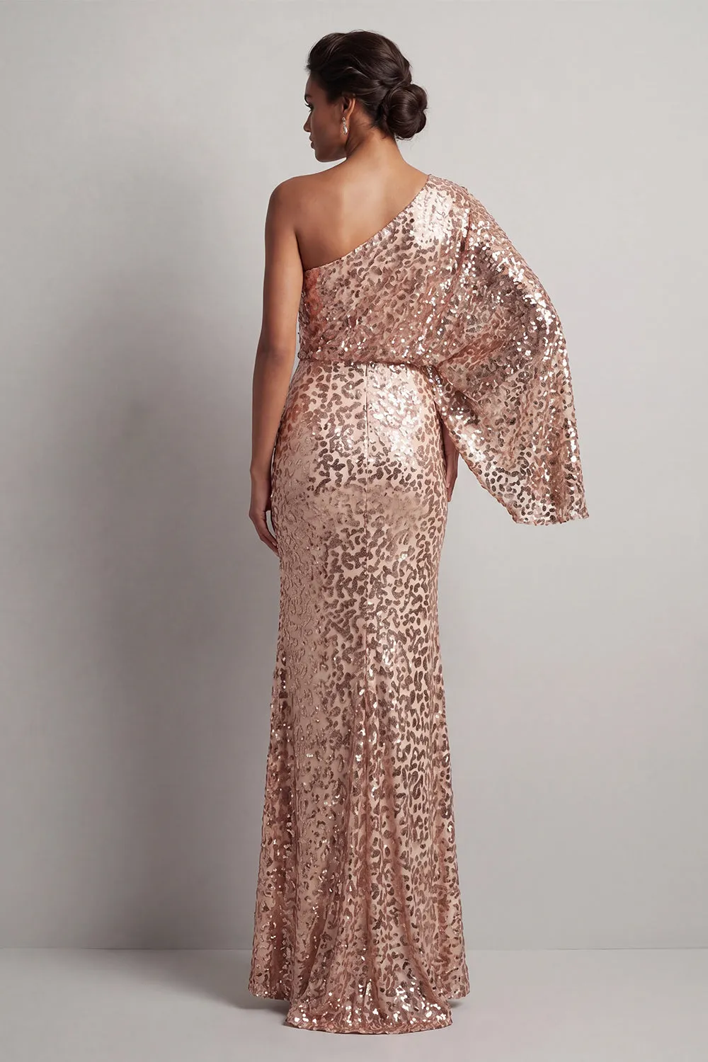 Sparkly Champagne Sequin One Shoulder Long Mother Of the Bride Dress with Sleeves sold by Zapaka product image thumbnail 2