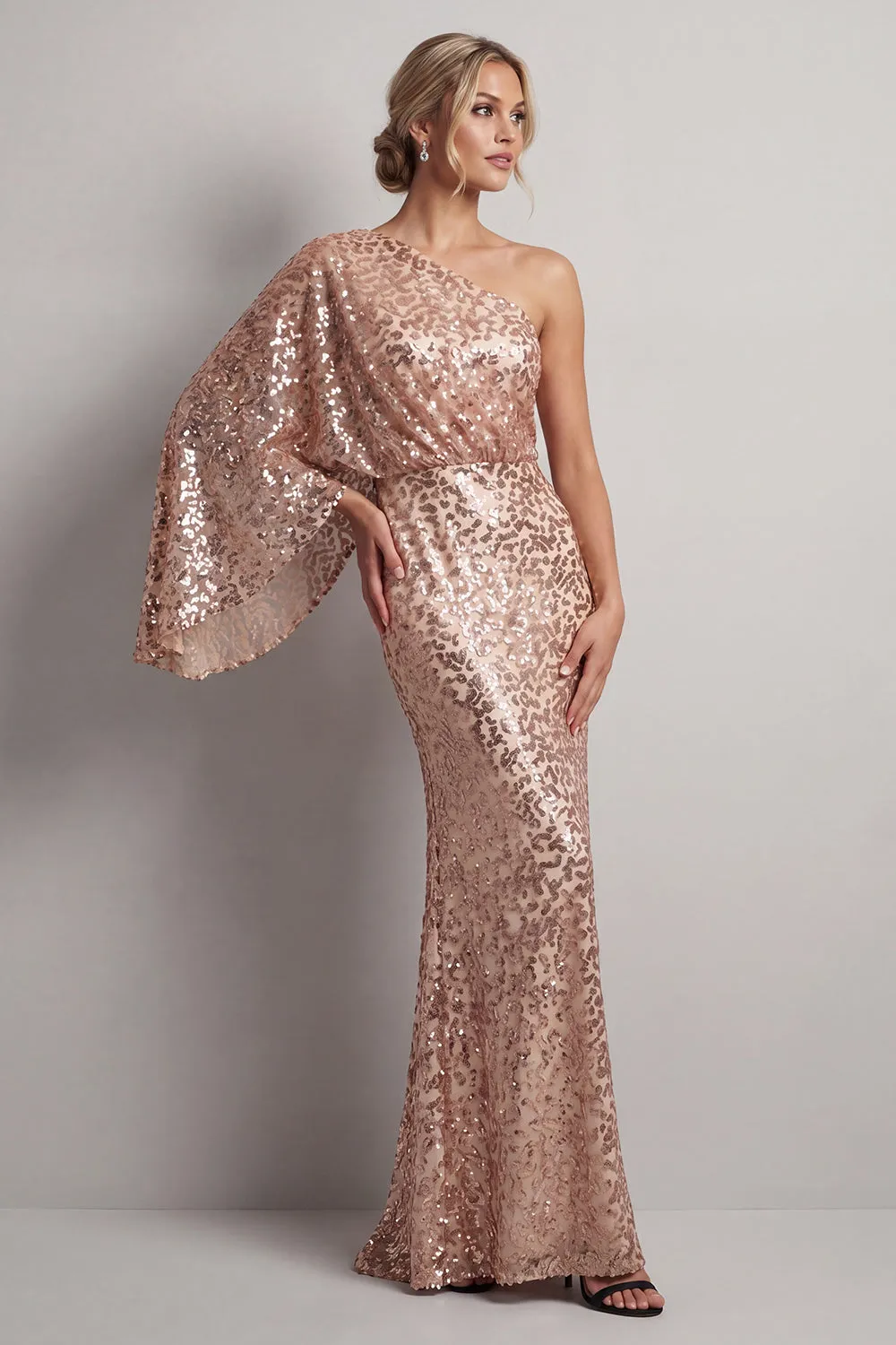 Sparkly Champagne Sequin One Shoulder Long Mother Of the Bride Dress with Sleeves sold by Zapaka product image thumbnail 3