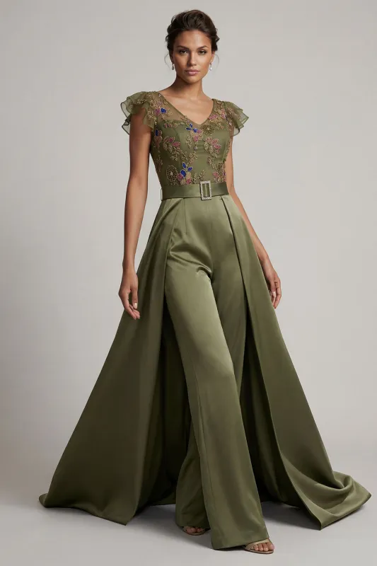 Olive Appliqued V Neck Mother of the Bride Jumpsuit with Flutter Sleeves made by Zapaka