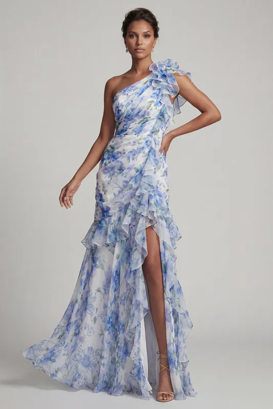 Light Blue One Shoulder Printed Floral Ruffled Mother of the Bride Dress with Slit made by Zapaka