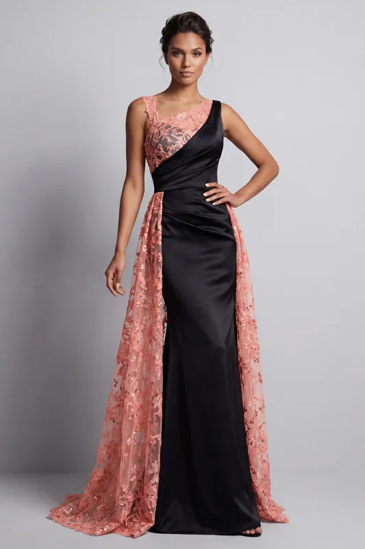 Watermelon and Black Mermaid Ruched Long Mother Of the Bride Dress with Cape made by Zapaka