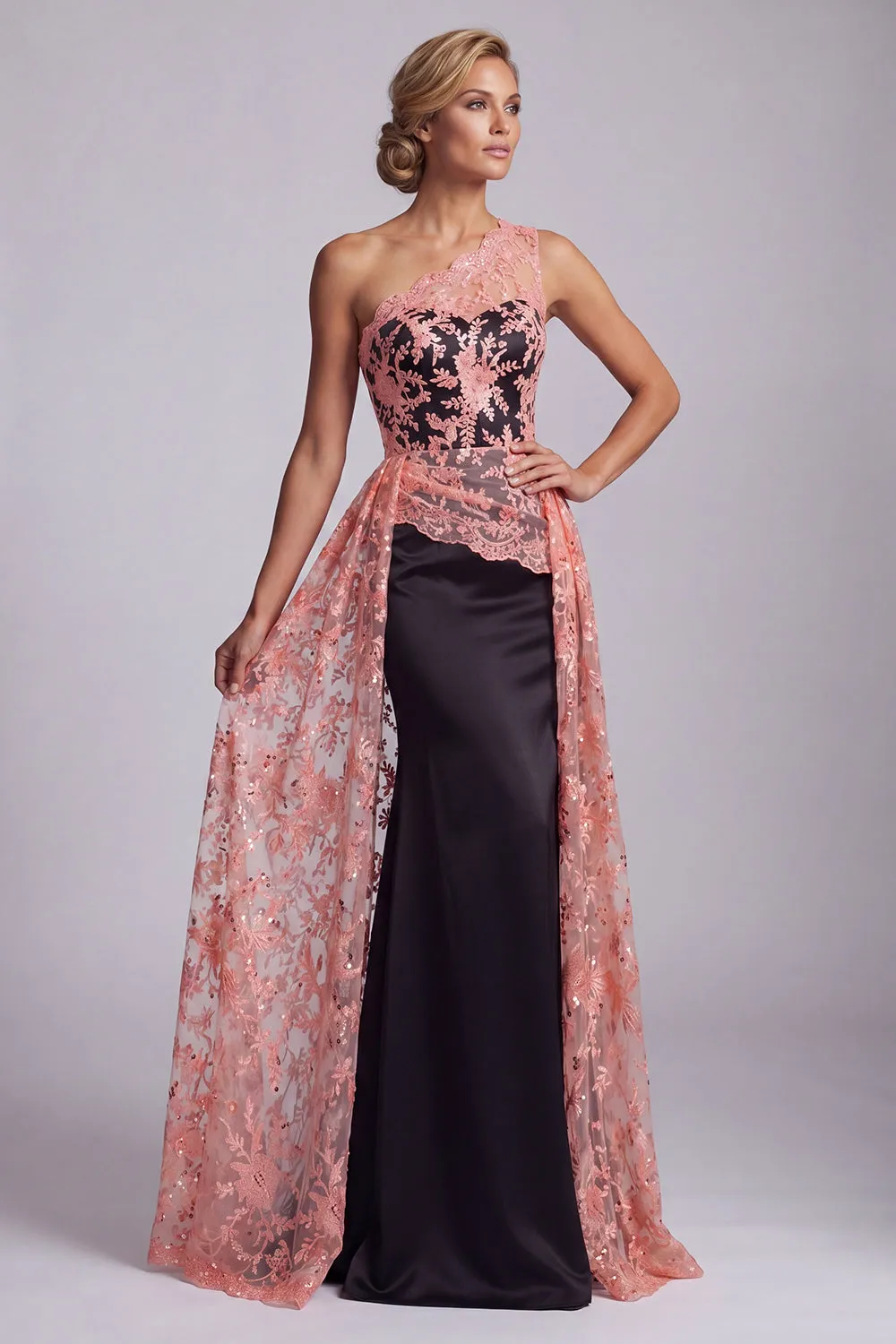 Watermelon and Black One Shoulder Lace Mermaid Long Mother Of the Bride Dress with Cape sold by Zapaka product image thumbnail 3