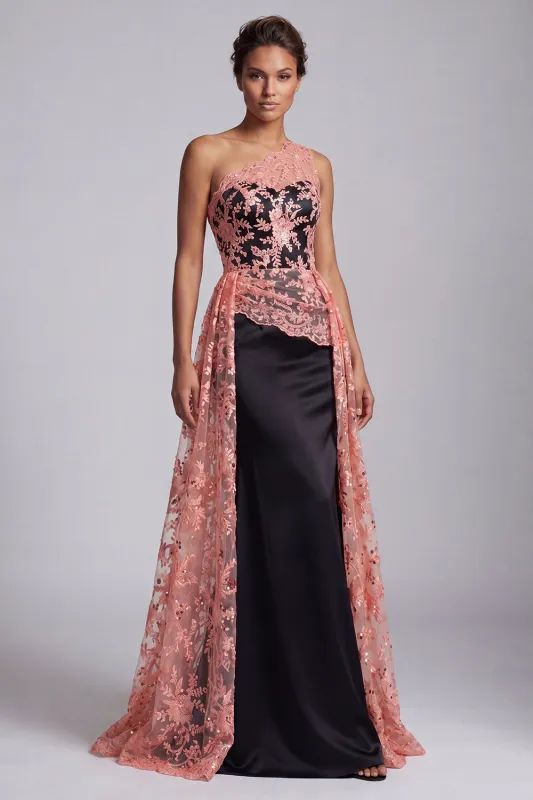 Watermelon and Black One Shoulder Lace Mermaid Long Mother Of the Bride Dress with Cape made by Zapaka