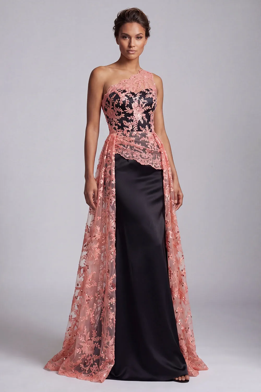 Watermelon and Black One Shoulder Lace Mermaid Long Mother Of the Bride Dress with Cape sold by Zapaka