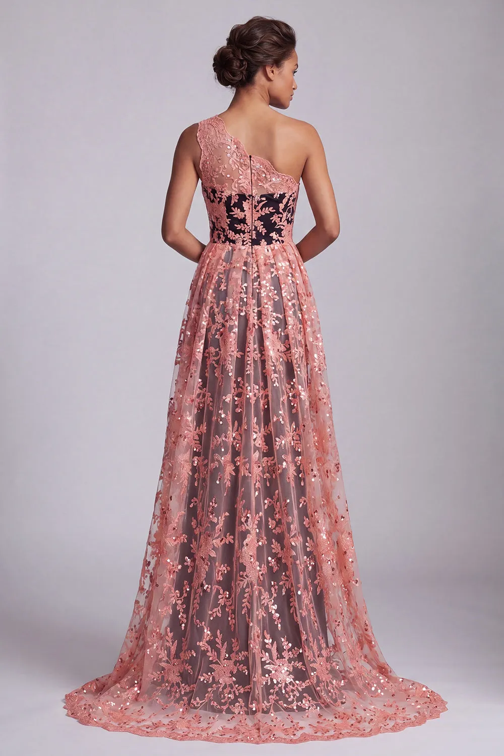 Watermelon and Black One Shoulder Lace Mermaid Long Mother Of the Bride Dress with Cape sold by Zapaka product image thumbnail 2