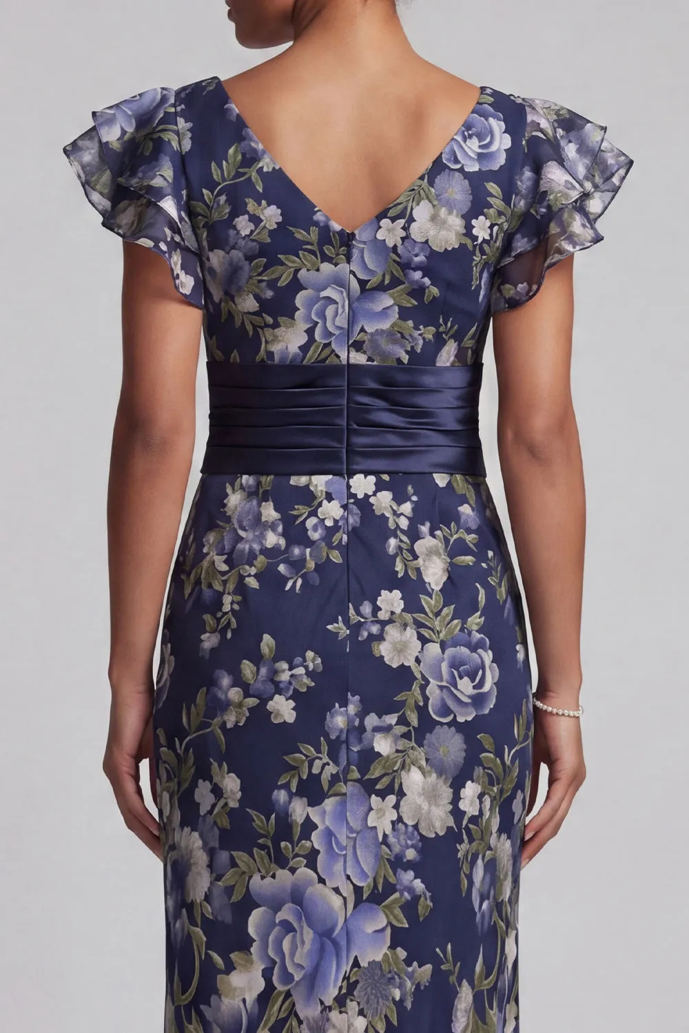 Navy Floral Sheath Ruffle Sleeves Long Mother Of the Bride Dress sold by Zapaka product image thumbnail 5