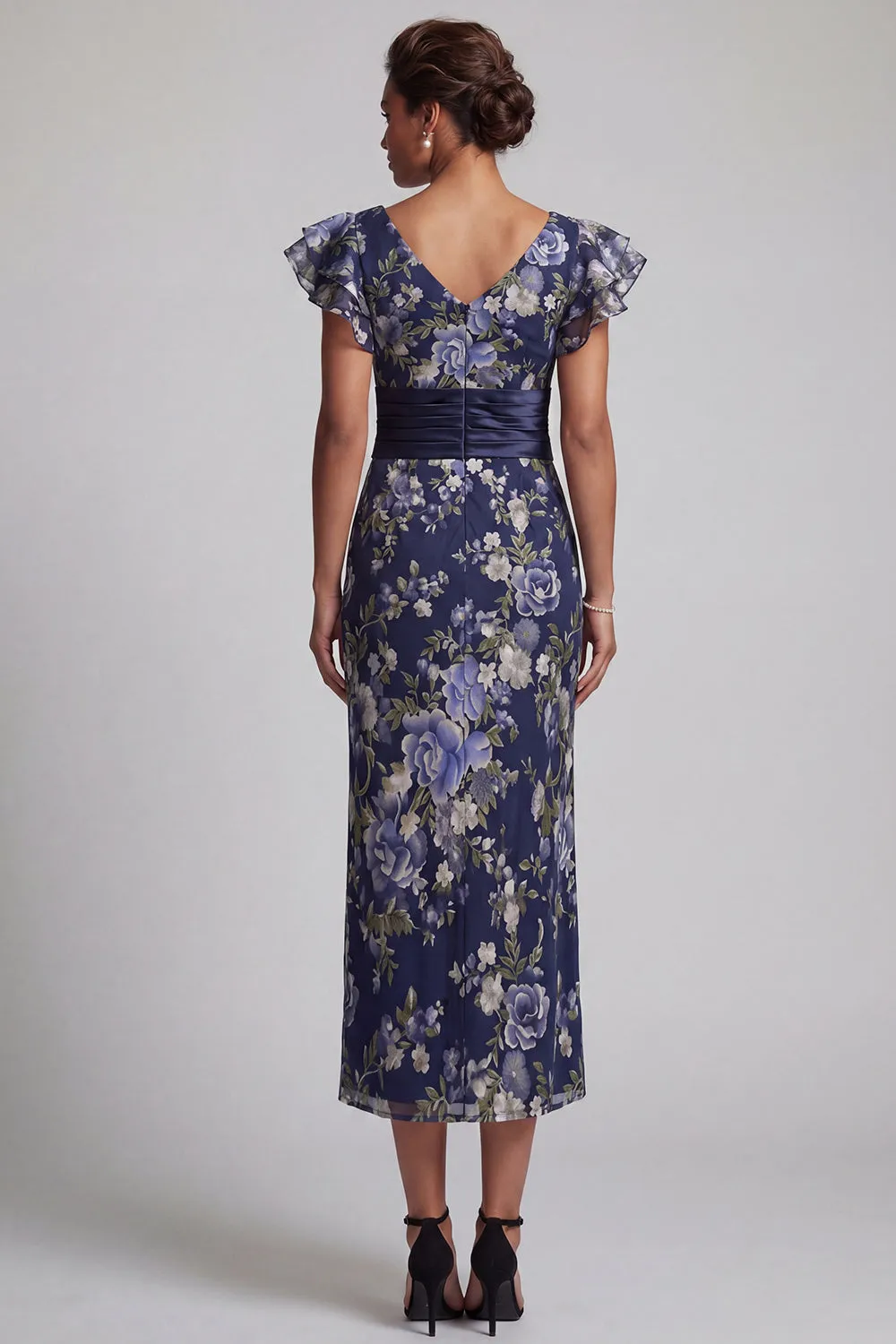 Navy Floral Sheath Ruffle Sleeves Long Mother Of the Bride Dress sold by Zapaka product image thumbnail 2