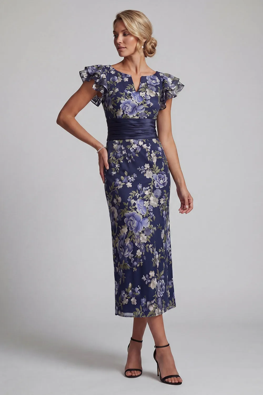 Navy Floral Sheath Ruffle Sleeves Long Mother Of the Bride Dress sold by Zapaka product image thumbnail 3
