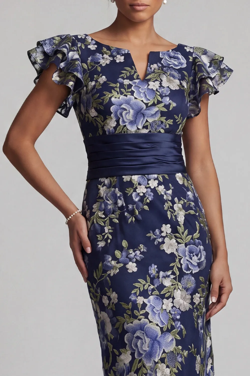 Navy Floral Sheath Ruffle Sleeves Long Mother Of the Bride Dress sold by Zapaka product image thumbnail 4