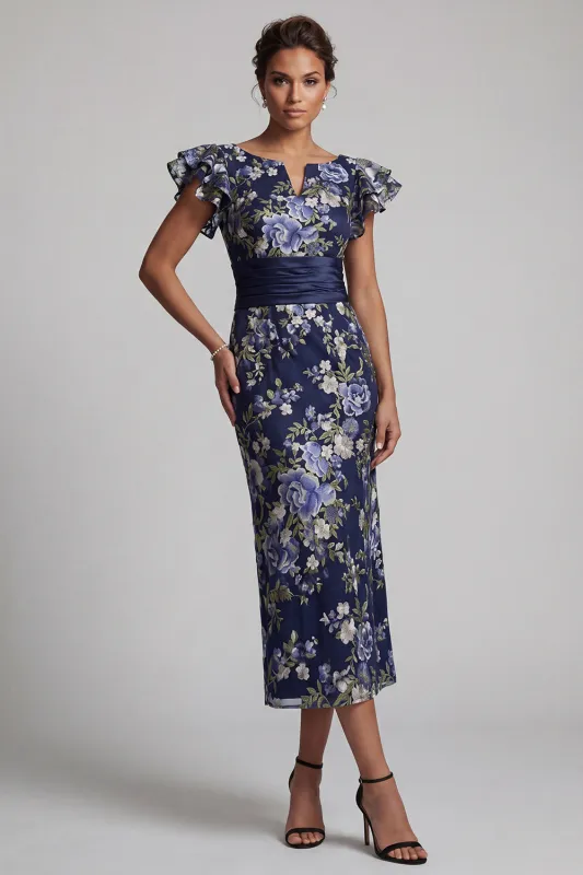 Navy Floral Sheath Ruffle Sleeves Long Mother Of the Bride Dress made by Zapaka