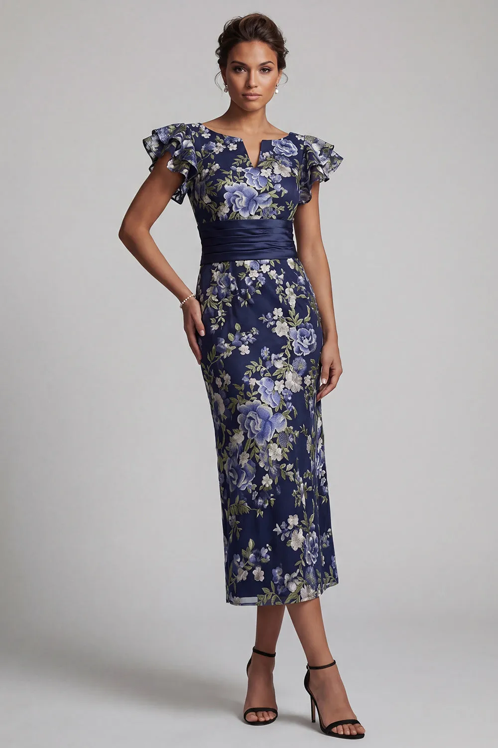 Navy Floral Sheath Ruffle Sleeves Long Mother Of the Bride Dress sold by Zapaka