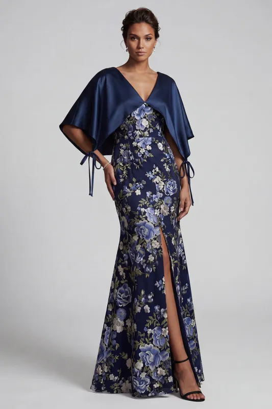 Navy Floral Mermaid Long Mother Of the Bride Dress with Cape made by Zapaka