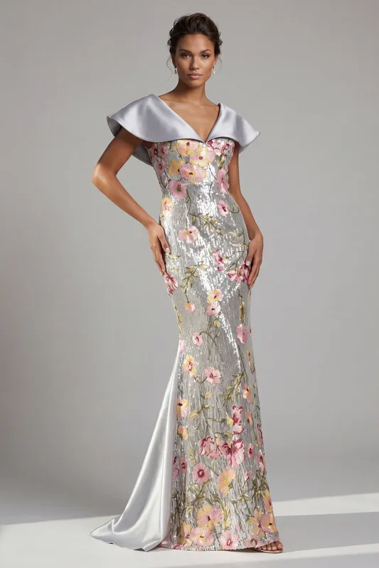 Sparkly Silver Floral Sequin Mermaid Long Mother Of the Bride Dress with Cape made by Zapaka