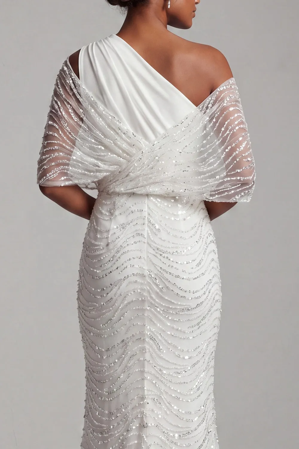 Sparkly White Beaded Mermaid One Shoulder Long Mother Of the Bride Dress sold by Zapaka product image thumbnail 5