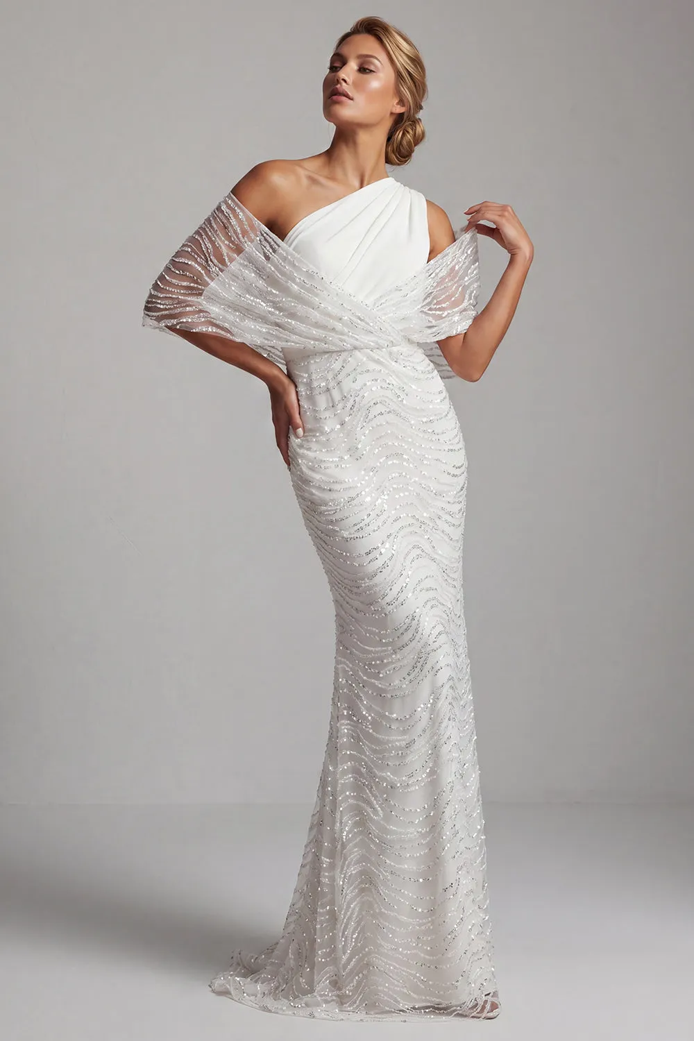 Sparkly White Beaded Mermaid One Shoulder Long Mother Of the Bride Dress sold by Zapaka product image thumbnail 3