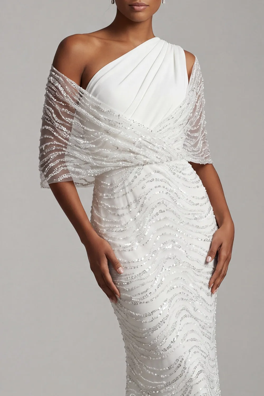Sparkly White Beaded Mermaid One Shoulder Long Mother Of the Bride Dress sold by Zapaka product image thumbnail 4