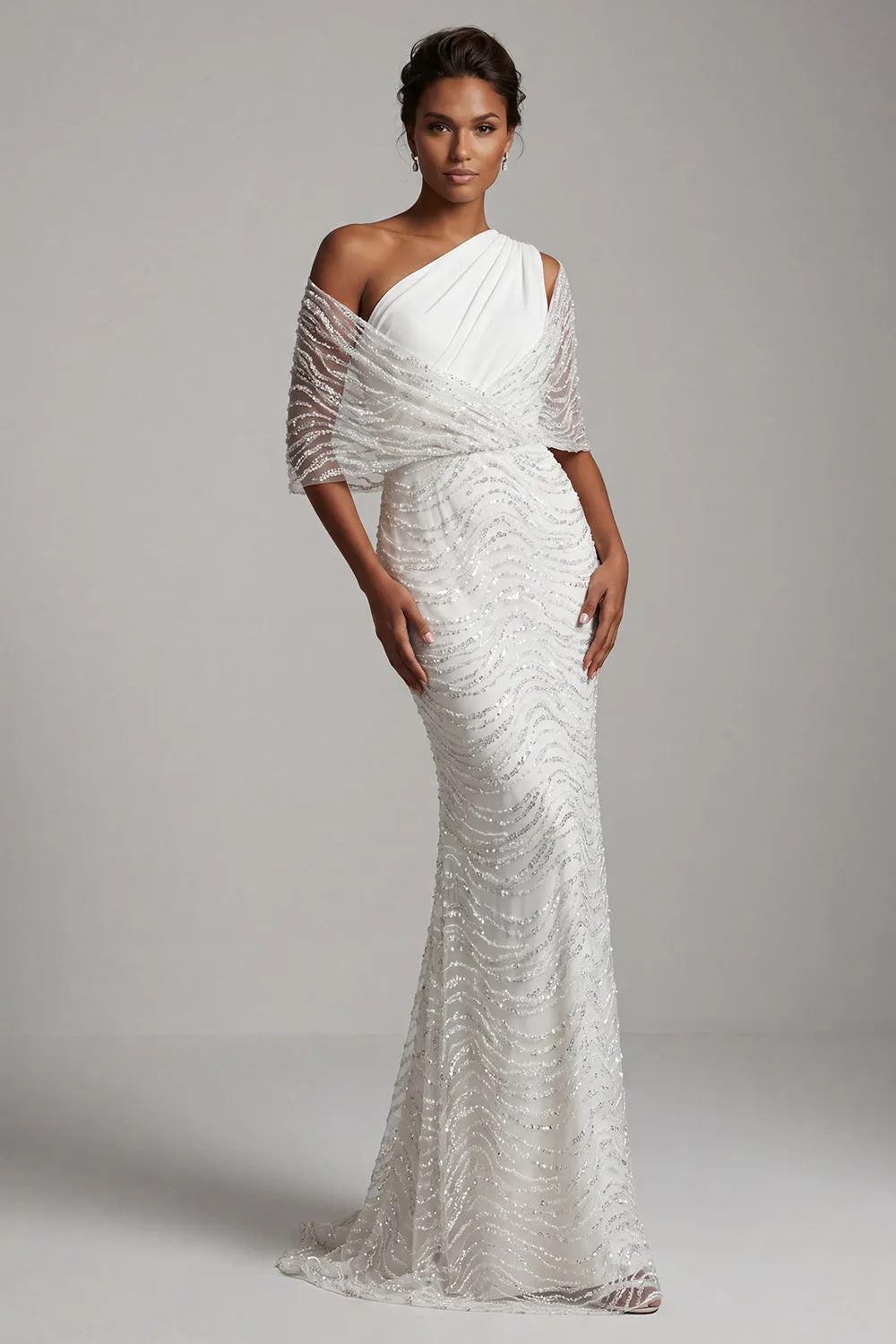 Sparkly White Beaded Mermaid One Shoulder Long Mother Of the Bride Dress sold by Zapaka