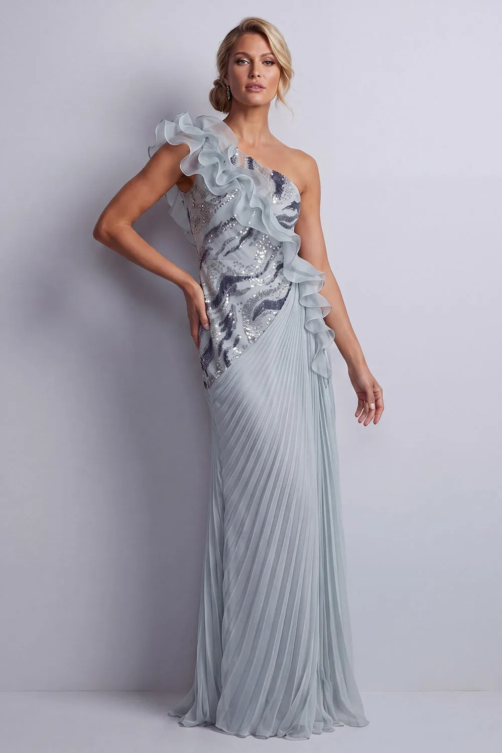 Sparkly Dusty Blue Chiffon Ruffled One Shoulder Long Mother Of the Bride Dress sold by Zapaka product image thumbnail 3