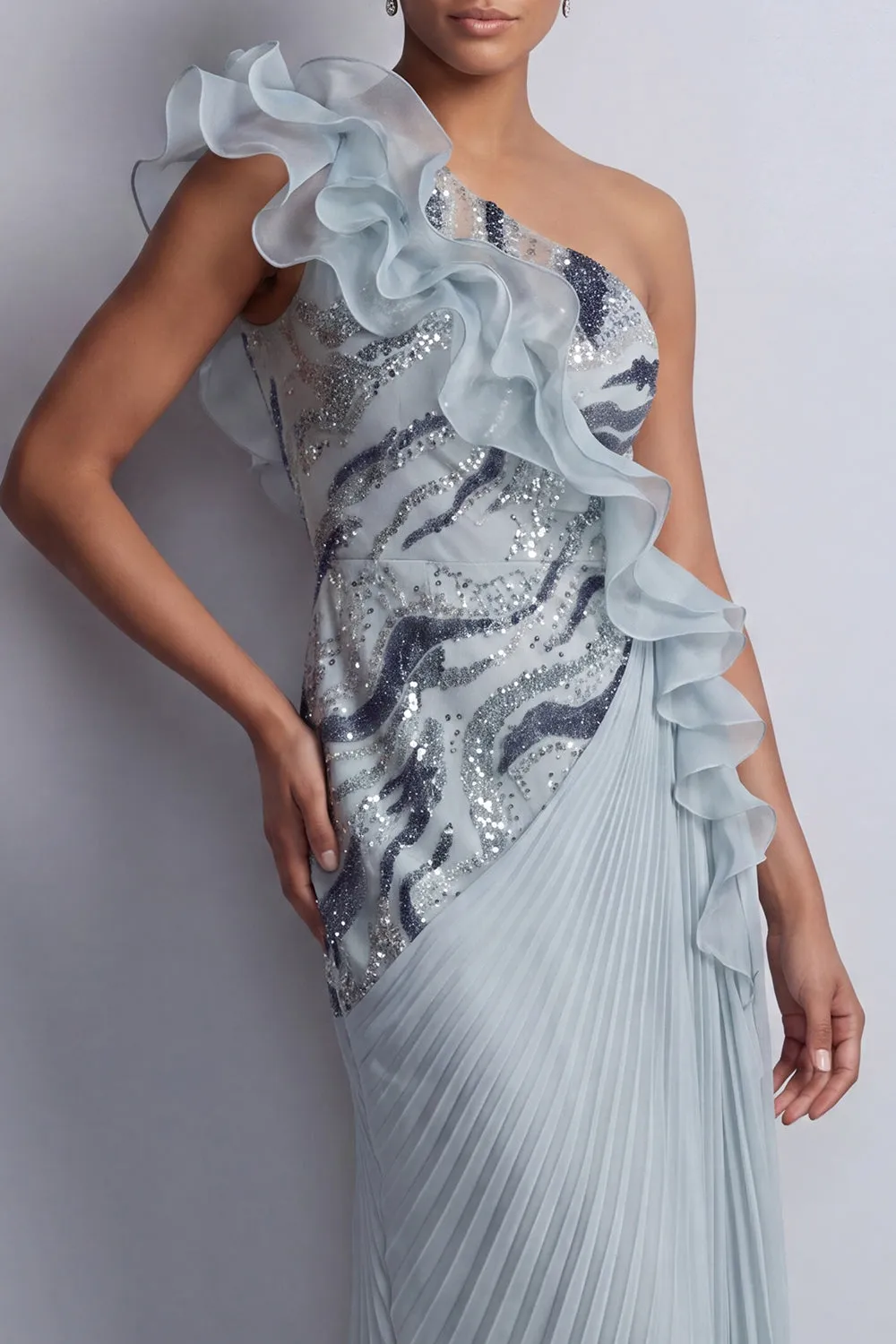 Sparkly Dusty Blue Chiffon Ruffled One Shoulder Long Mother Of the Bride Dress sold by Zapaka product image thumbnail 4