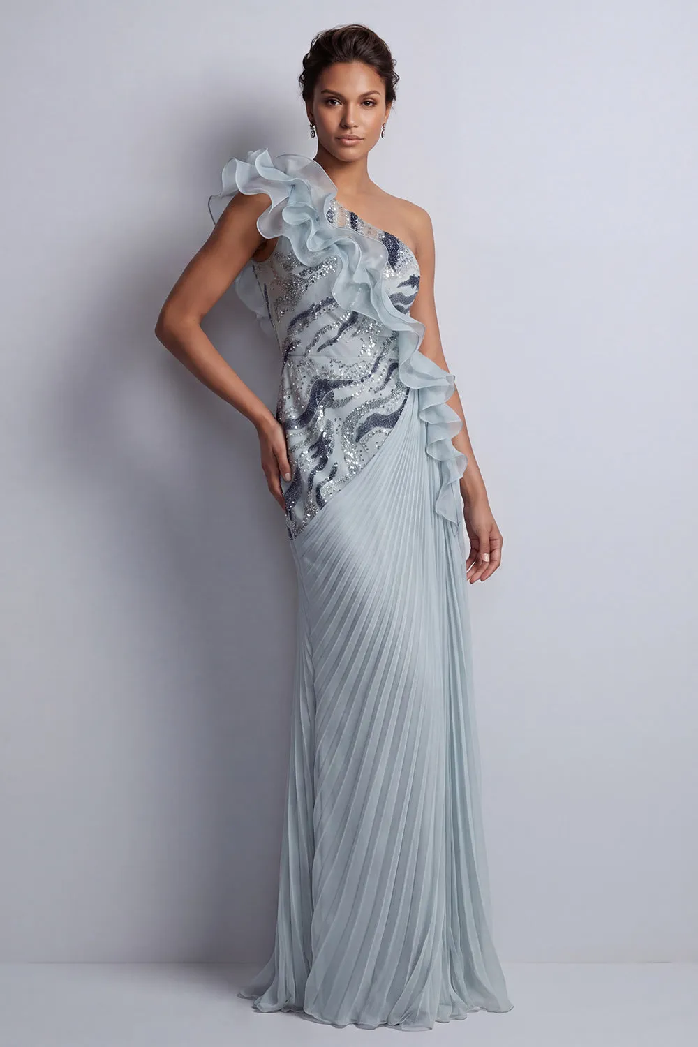Sparkly Dusty Blue Chiffon Ruffled One Shoulder Long Mother Of the Bride Dress sold by Zapaka