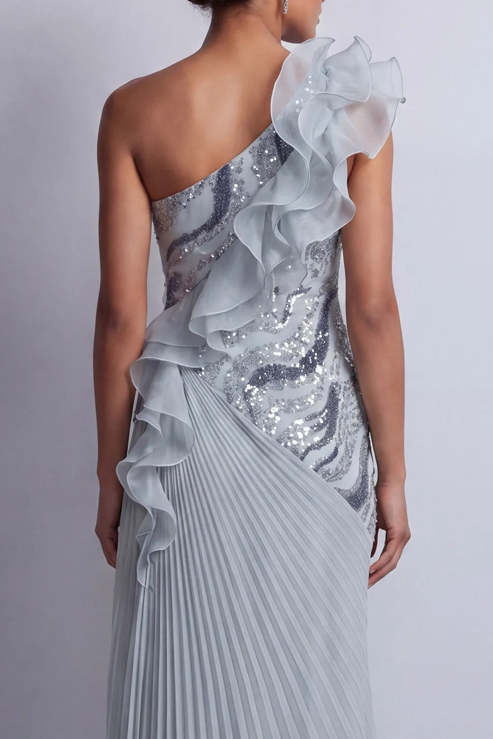 Sparkly Dusty Blue Chiffon Ruffled One Shoulder Long Mother Of the Bride Dress sold by Zapaka product image thumbnail 5