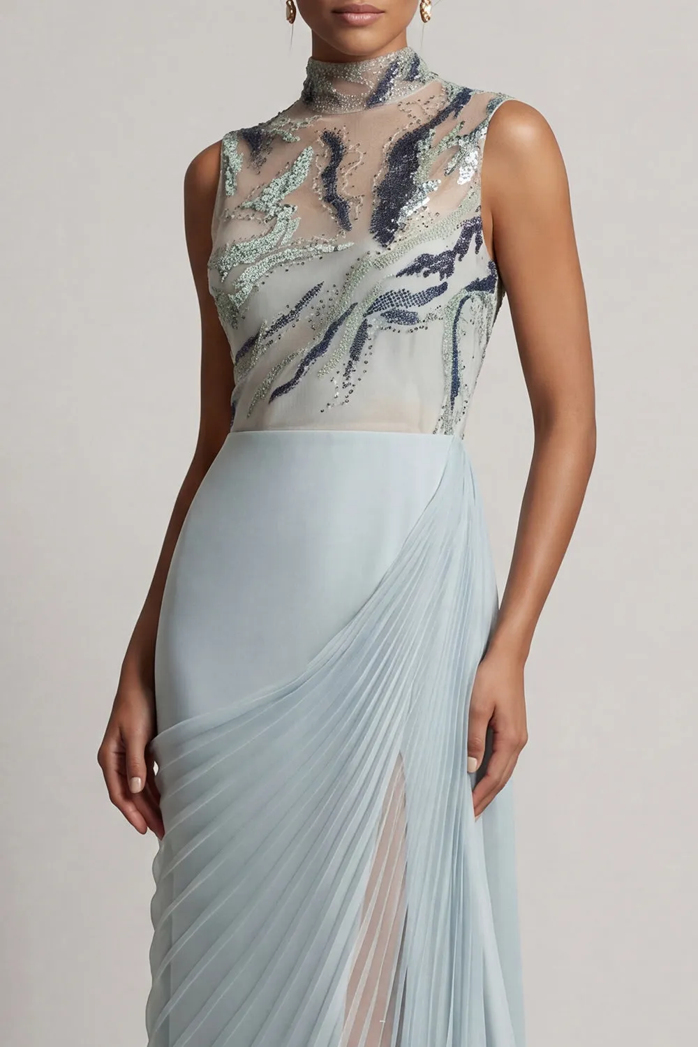 Dusty Blue Chiffon Pleated High Neck Long Mother Of the Bride Dress sold by Zapaka product image thumbnail 4