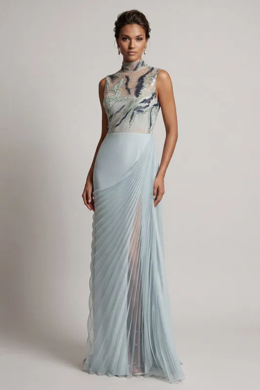 Dusty Blue Chiffon Pleated High Neck Long Mother Of the Bride Dress made by Zapaka