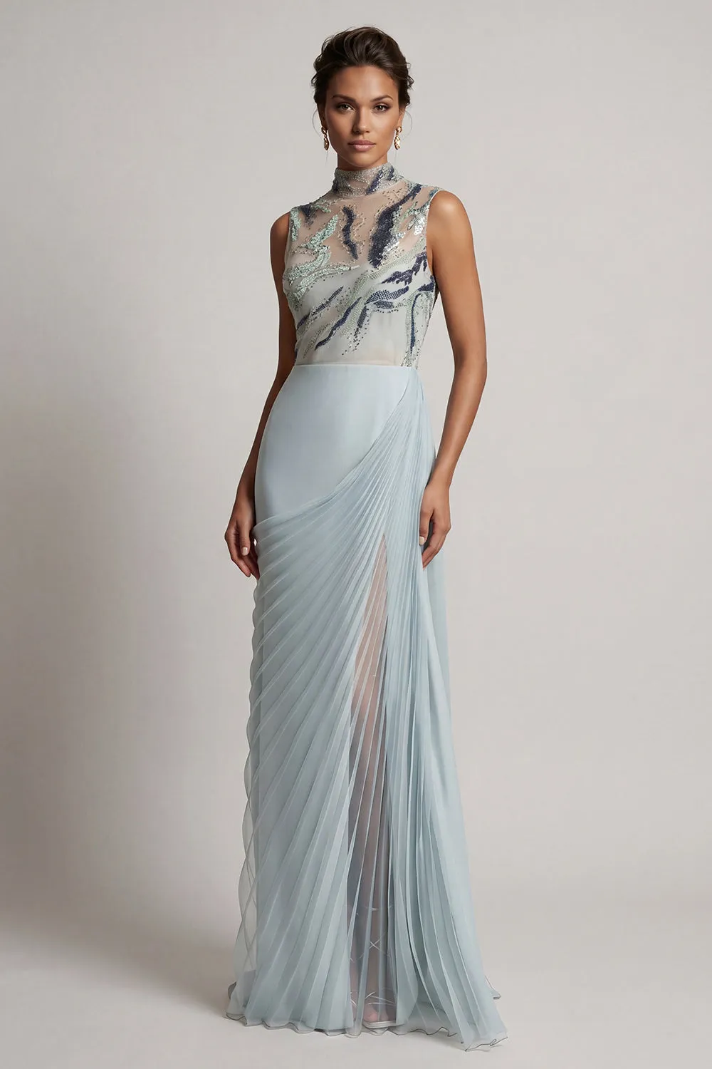 Dusty Blue Chiffon Pleated High Neck Long Mother Of the Bride Dress sold by Zapaka