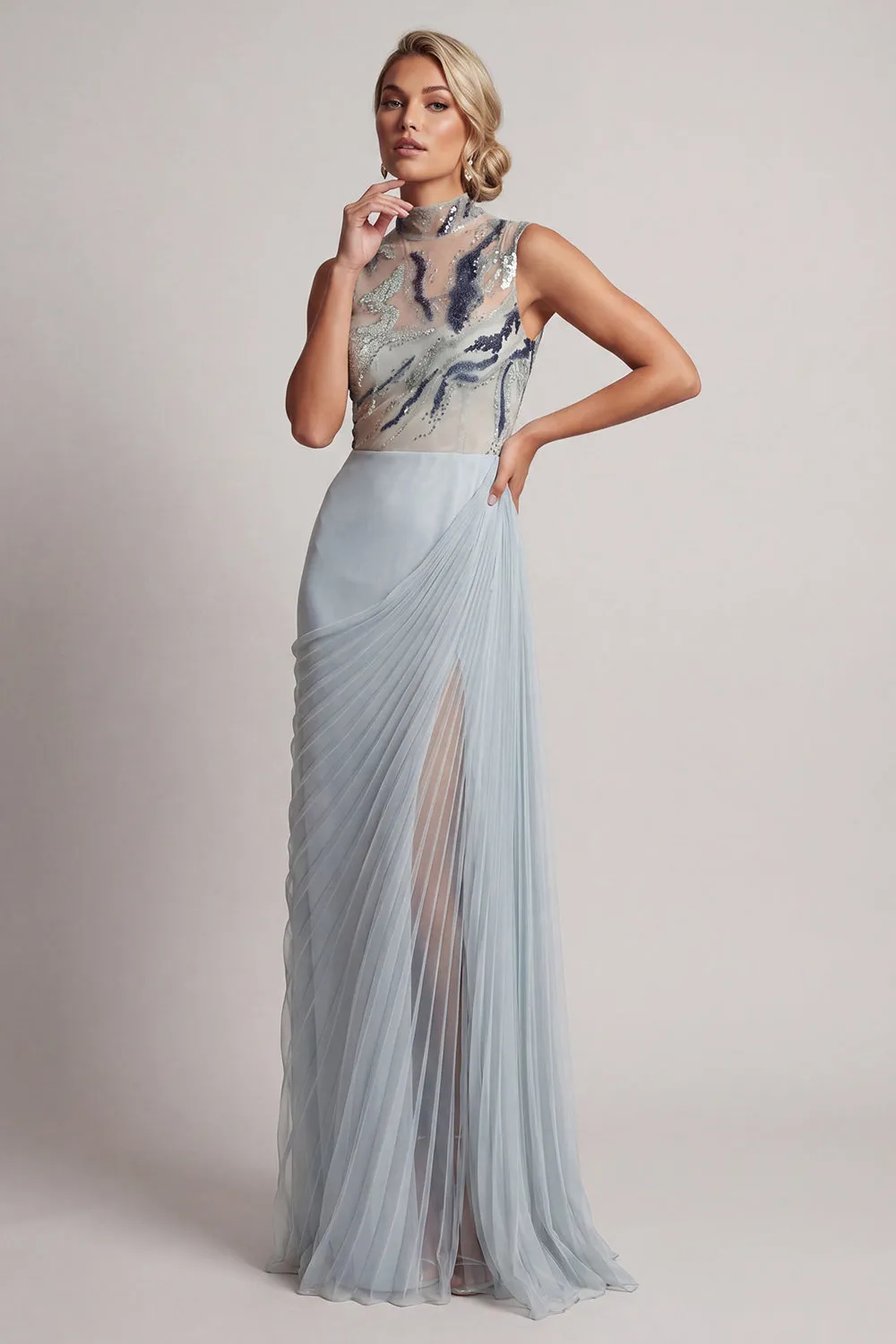 Dusty Blue Chiffon Pleated High Neck Long Mother Of the Bride Dress sold by Zapaka product image thumbnail 3