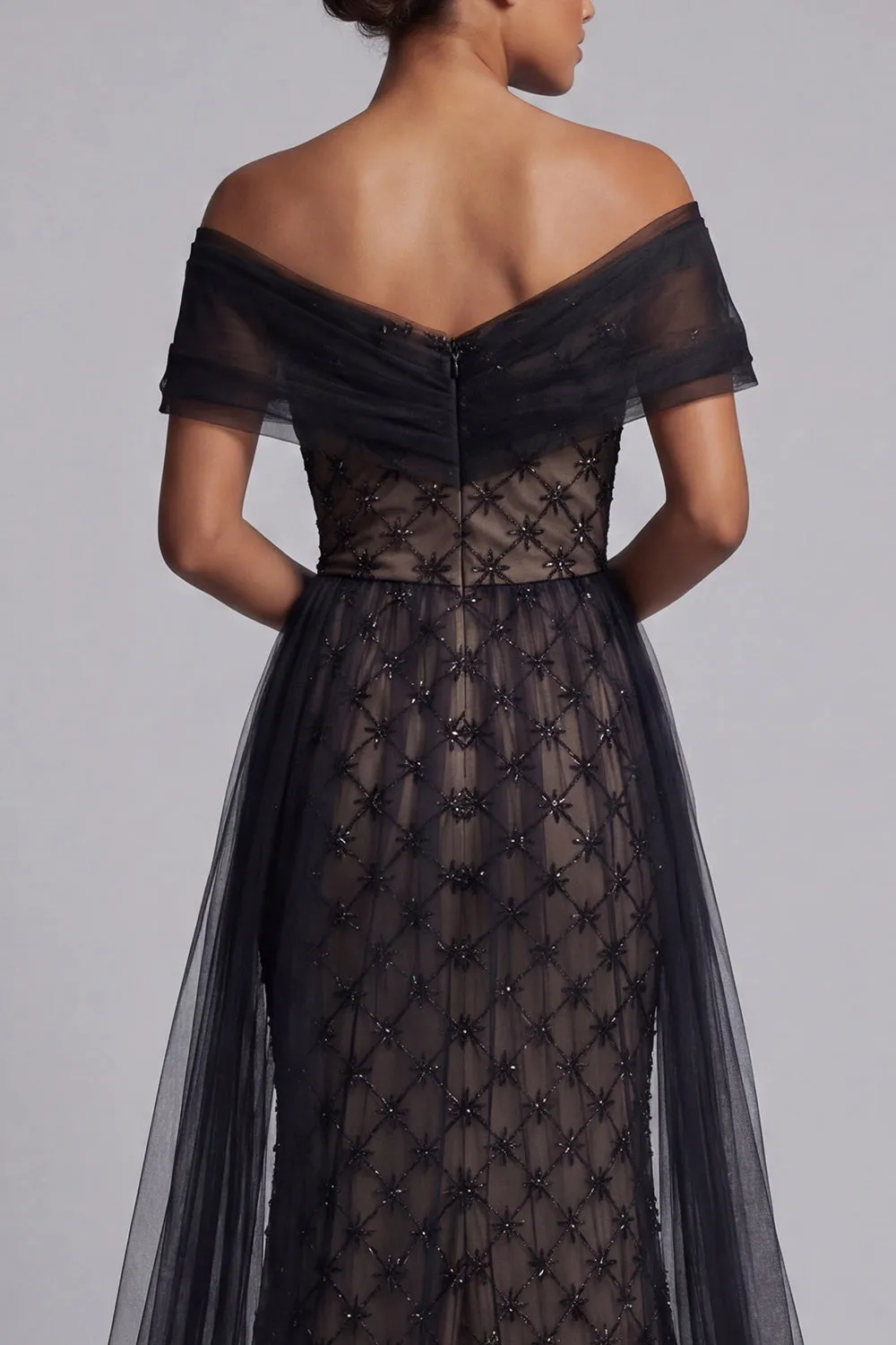 Black Plaid Beaded Mermaid Long Mother Of the Bride Dress with Cape sold by Zapaka product image thumbnail 5