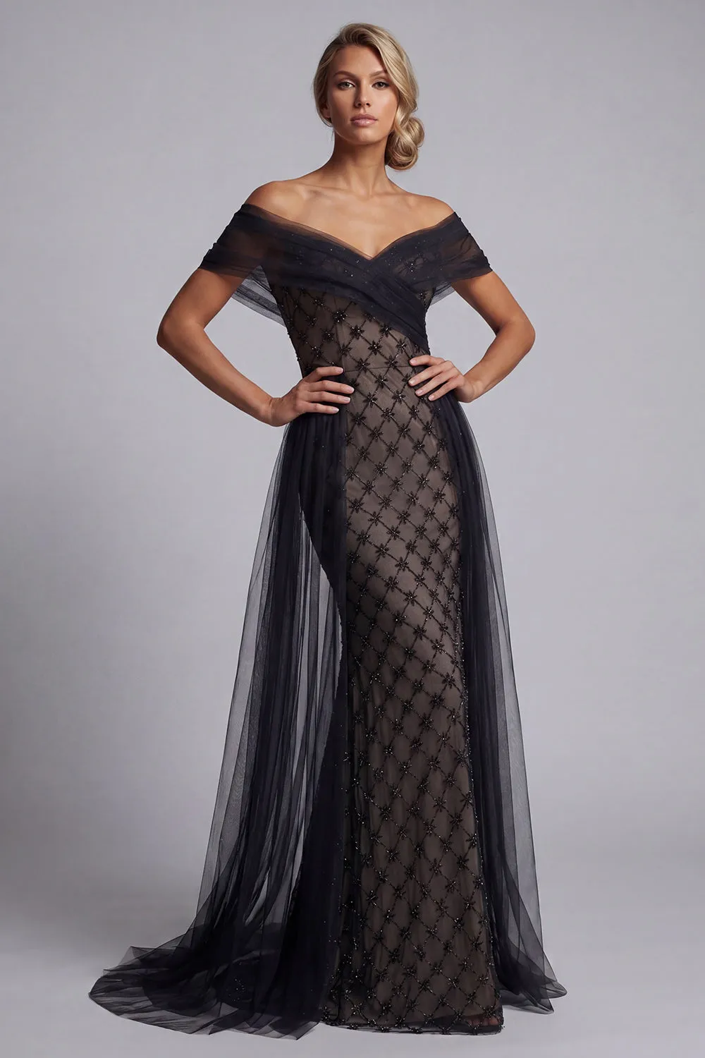Black Plaid Beaded Mermaid Long Mother Of the Bride Dress with Cape sold by Zapaka product image thumbnail 3