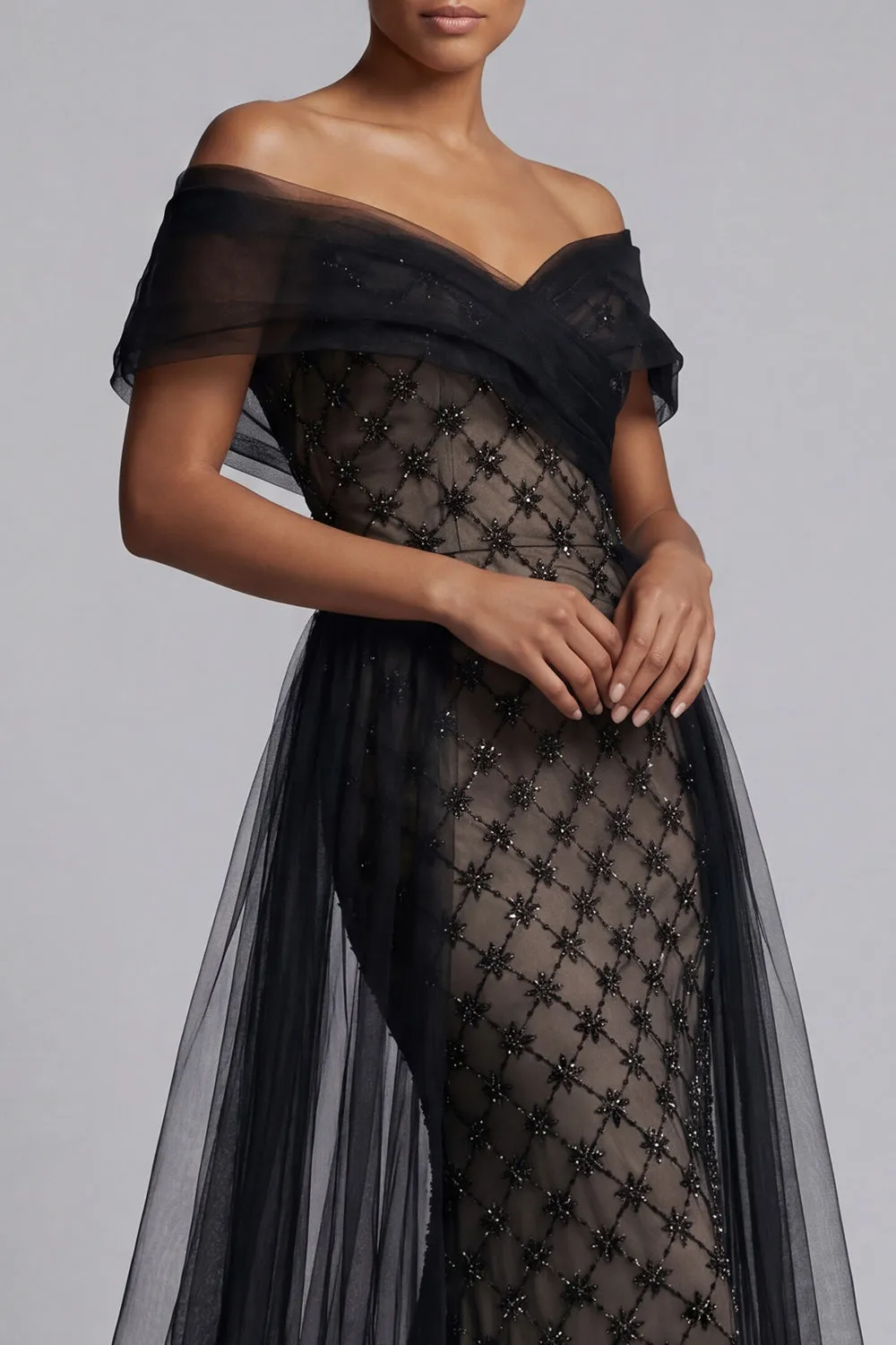 Black Plaid Beaded Mermaid Long Mother Of the Bride Dress with Cape sold by Zapaka product image thumbnail 4