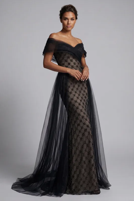 Black Plaid Beaded Mermaid Long Mother Of the Bride Dress with Cape made by Zapaka