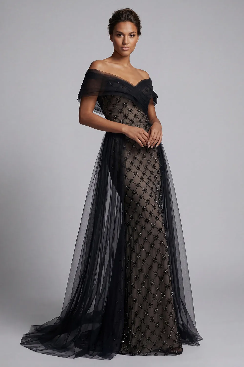 Black Plaid Beaded Mermaid Long Mother Of the Bride Dress with Cape sold by Zapaka