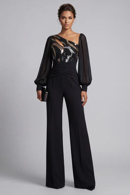 Sparkly Black Ruched Sequin Long Sleeves Mother Of the Bride Jumpsuits made by Zapaka