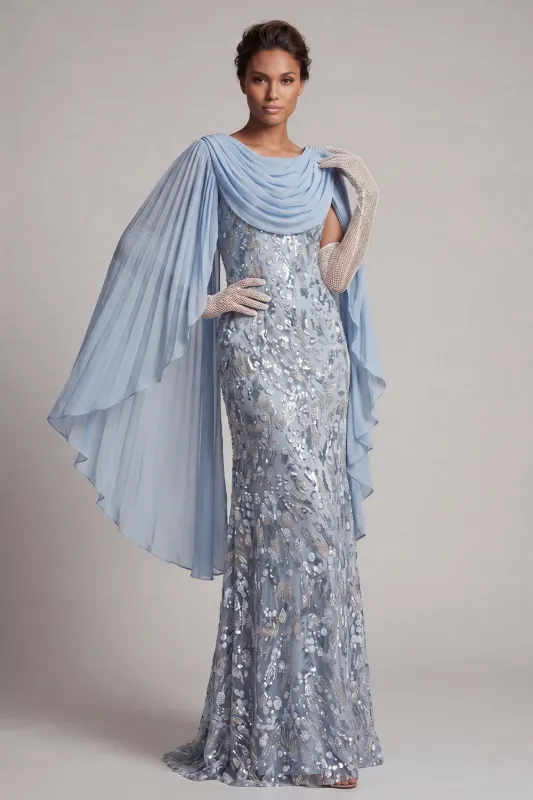 Sparkly Sky Blue Beaded Mermaid Long Mother Of the Bride Dress with Cape made by Zapaka