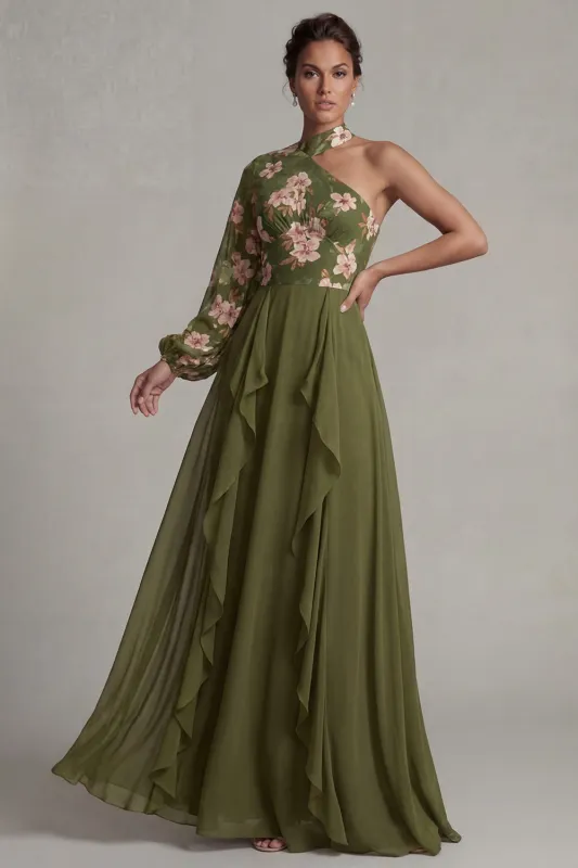 Eucalyptus One Shoulder Floral Halter A Line Ruffled Mother of the Bride Dress made by Zapaka
