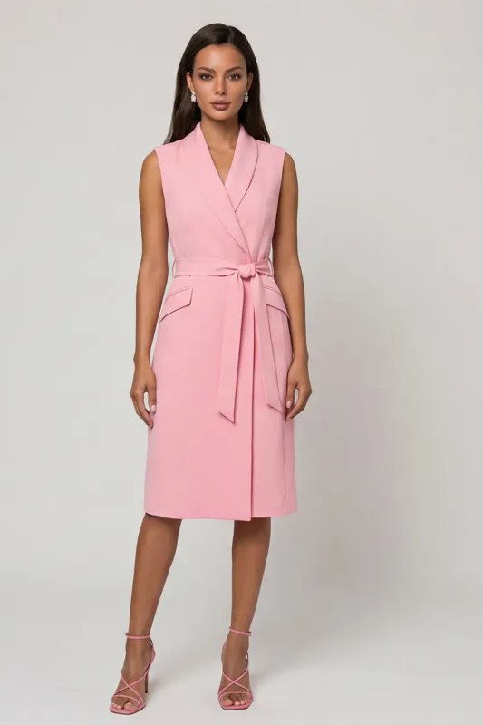 Pink Shawl Lapel Sheath Midi Work Dress with Belt made by Zapaka