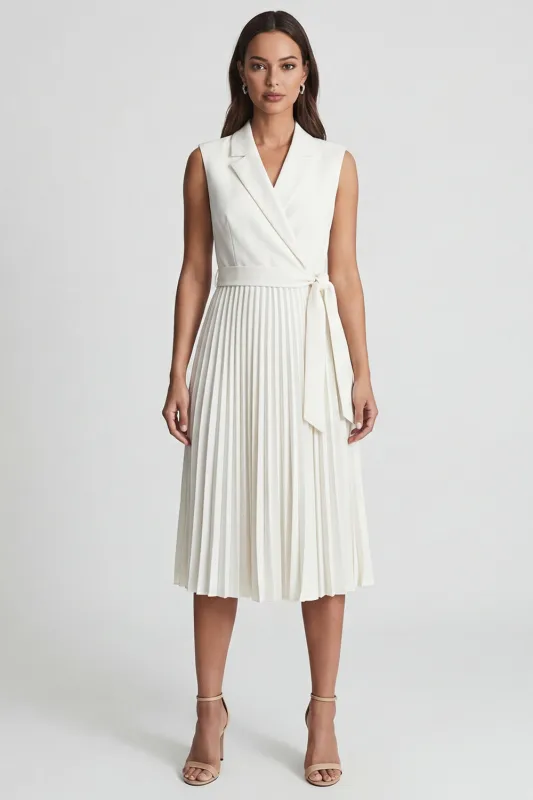 Ivory Notched Lapel Pleated A Line Midi Work Dress with Belt made by Zapaka